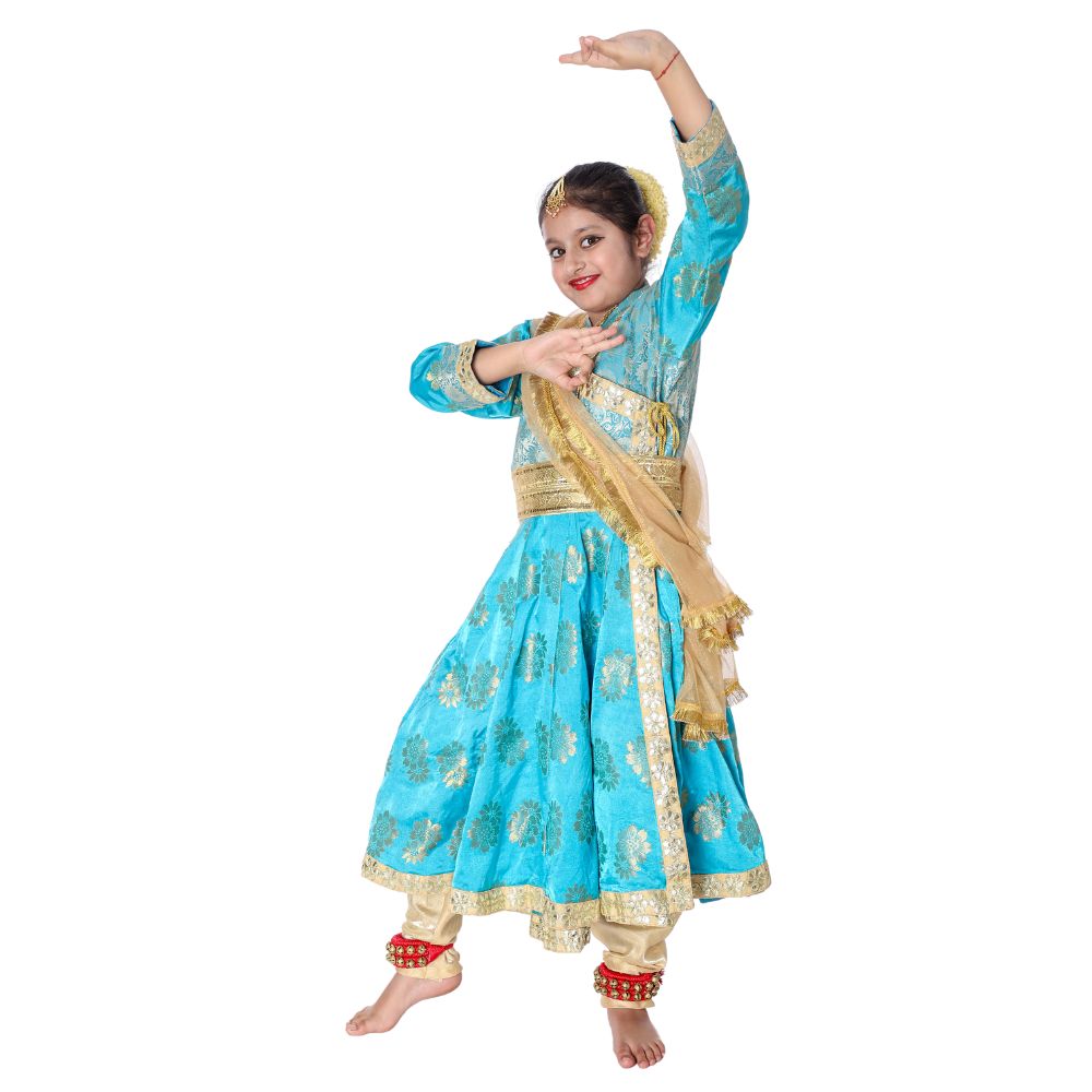 Kathak Dance Dress Angarakha Style – Blue and Golden Combination