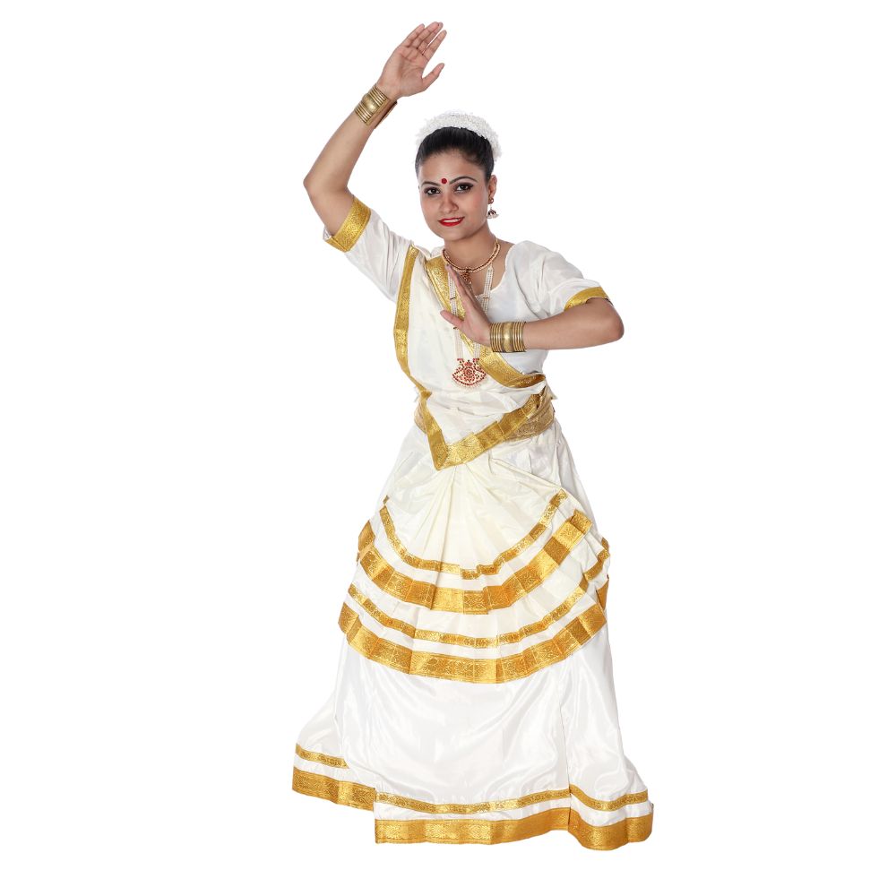 Mohiniyattam Indian Dance Costumes in White Color with Golden Border